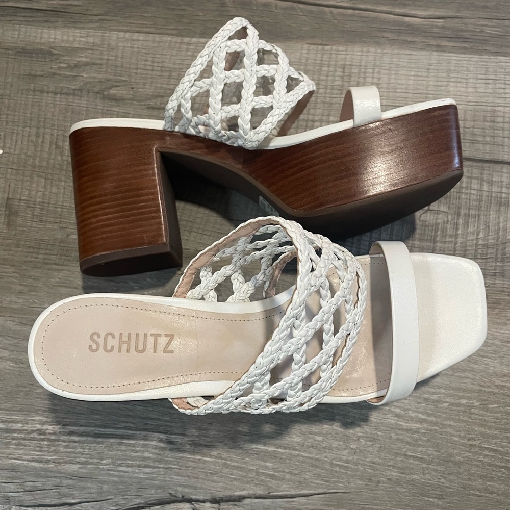 SCHUTZ White Braided Platform Sandals